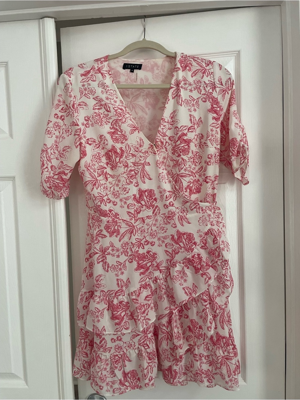 1. State White and Pink Ruffle Floral Wrap Mini Dress with 3/4 Sleeve